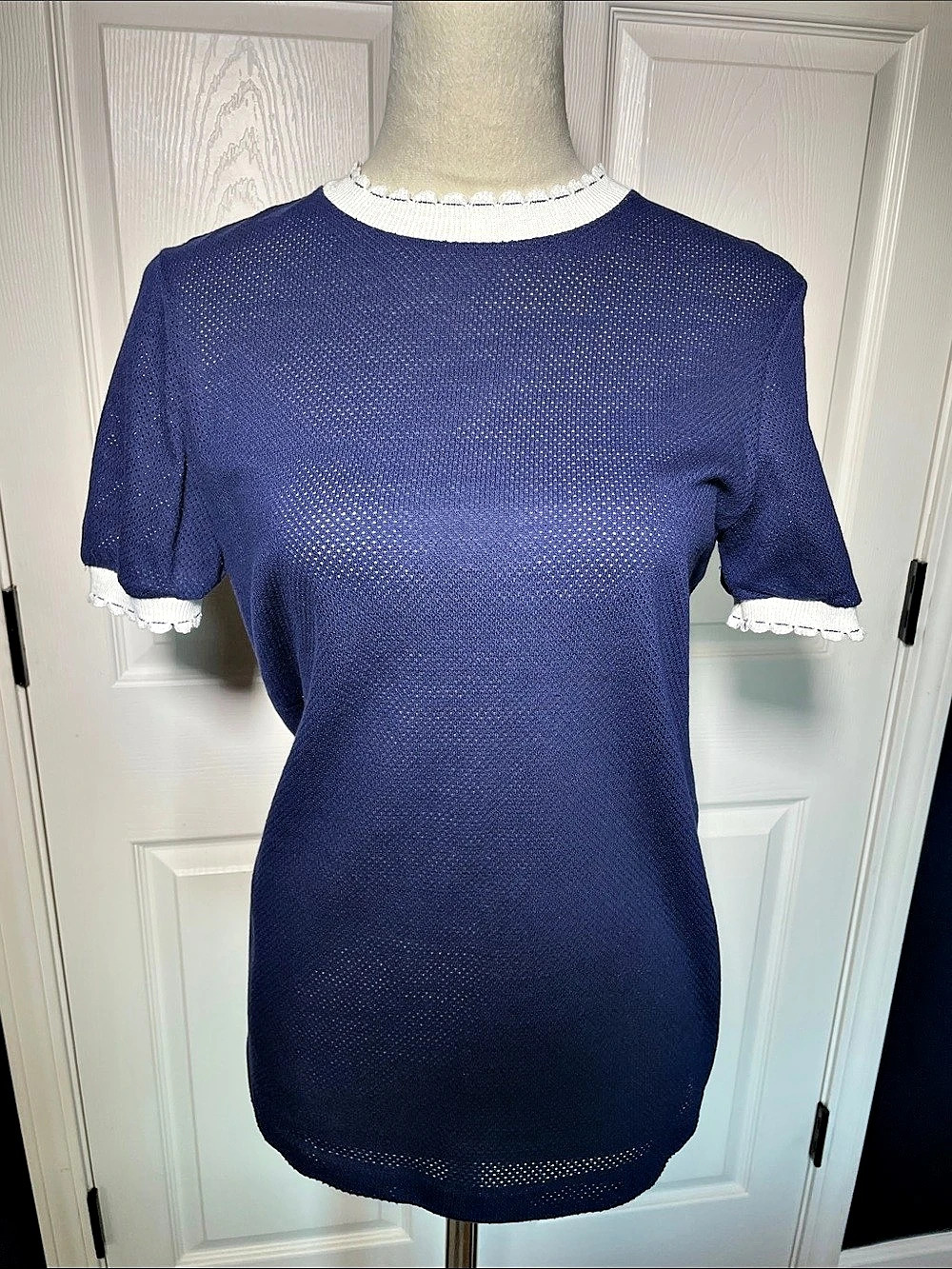 Vintage 70s Catalina Sportswear Blue Mesh Knit Ringer Tee Top Size M